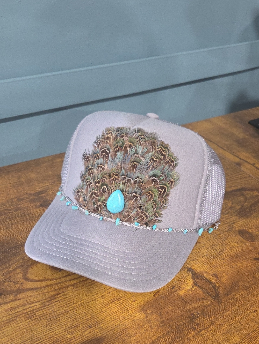 Pheasent Feather & Turquoise Embellished Trucker Hat